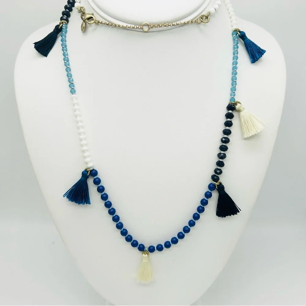 J. Crew Blue Beaded Tassel Necklace